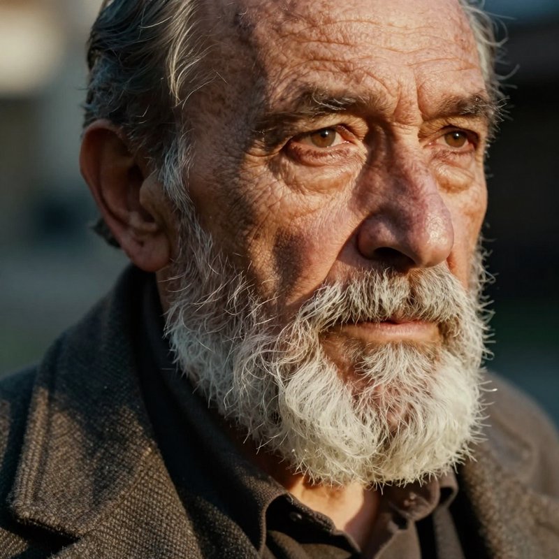 Close-up portrait of a contemplative elderly bearded man lit by warm golden outdoor sunlight