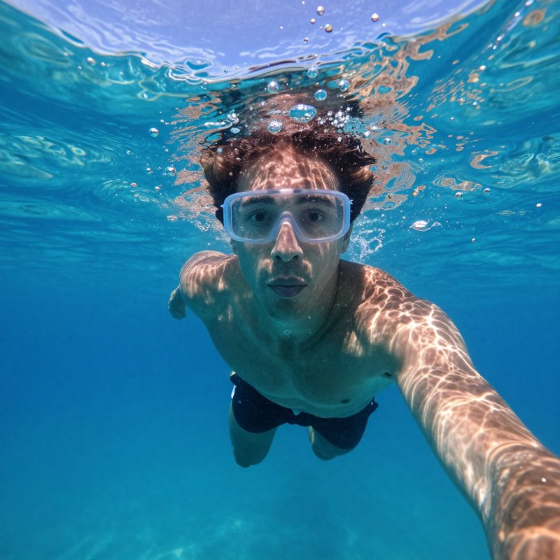 Man in a swim mask takes a selfie while swimming underwater in clear turquoise ocean