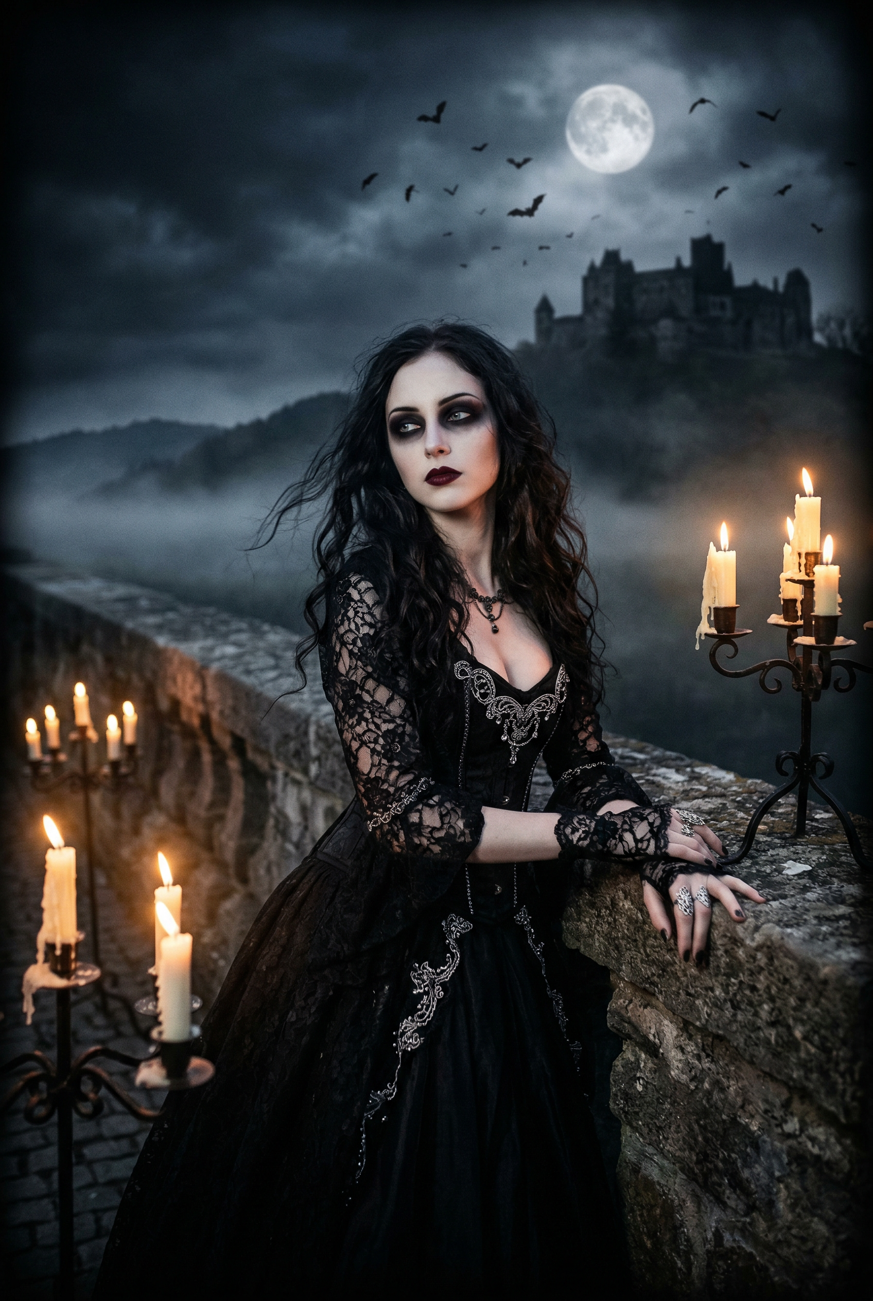 Gothic woman in black lace dress on a stone bridge by candlelight with a full moon and castle in the mist.