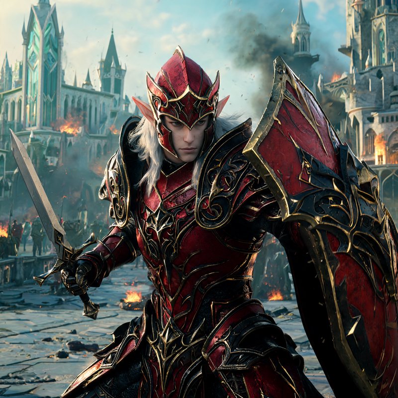 High elf warrior in ornate red and gold armor holds a sword and shield on a burning fantasy battl...