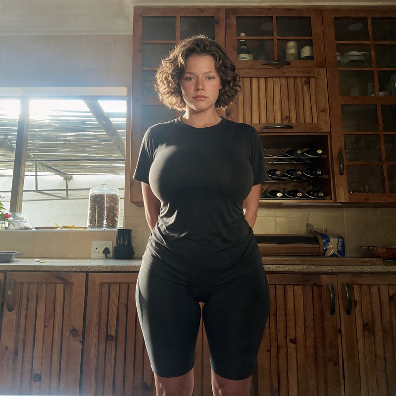 Curly haired young woman in black loungewear stands facing the camera in a sunlit home kitchen