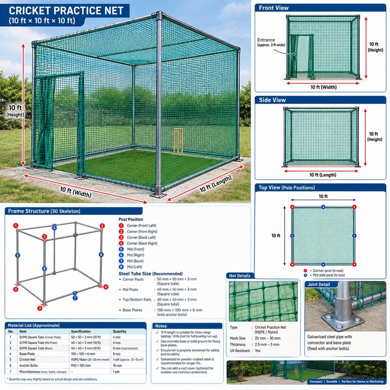 10ft x10ft x10ft outdoor cricket practice net technical specification diagram