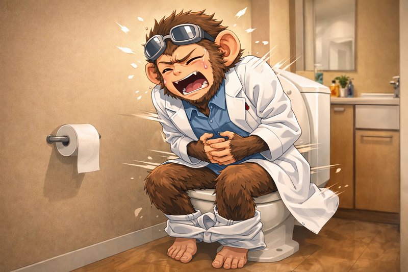 Anthropomorphic anime monkey scientist clutching his stomach in pain while sitting on a bathroom toilet