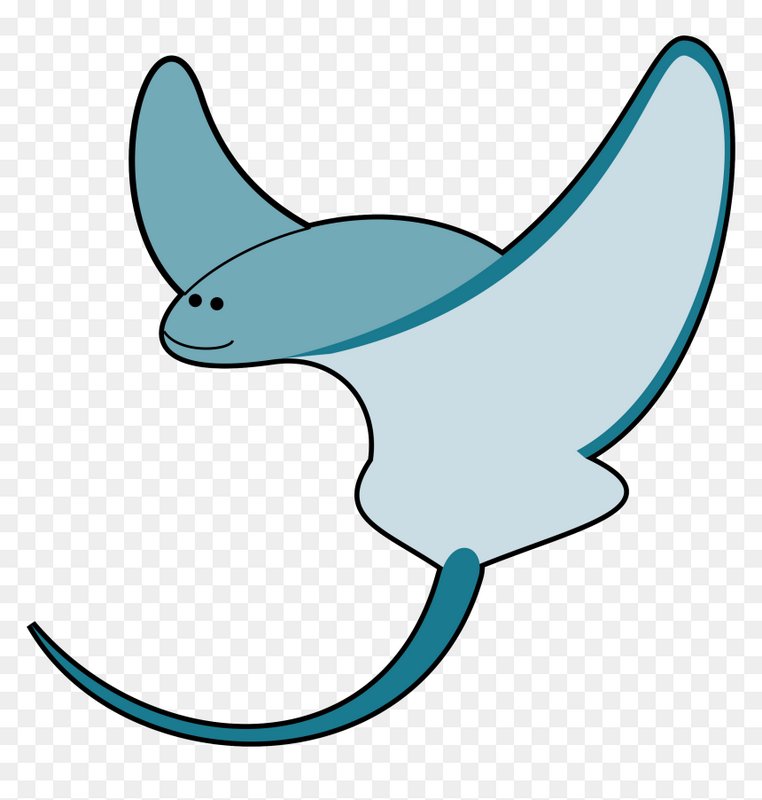 Friendly smiling cartoon stingray illustrated in soft blue tones on a transparent background