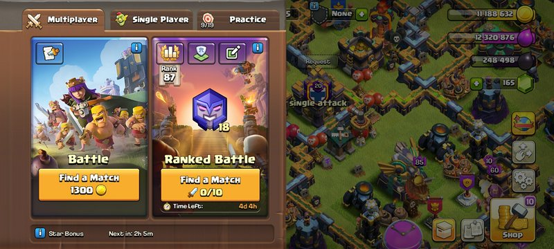 Clash of Clans multiplayer battle menu overlayed on a maxed home village game screen