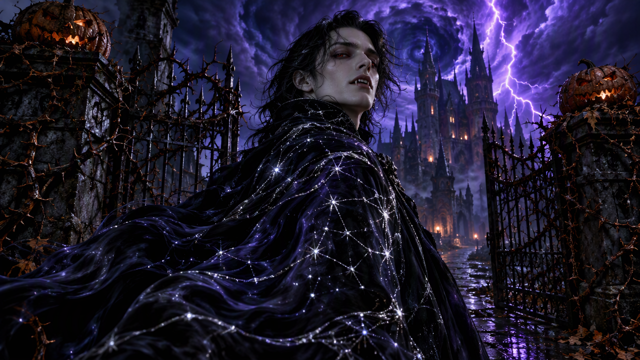 Gothic male vampire in a star-embroidered cloak stands at a haunted castle gate under stormy purple lightning