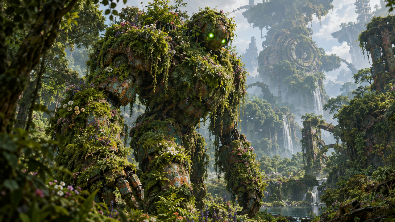 Overgrown rusted giant robot with glowing green eyes stands in a lush overgrown fantasy jungle