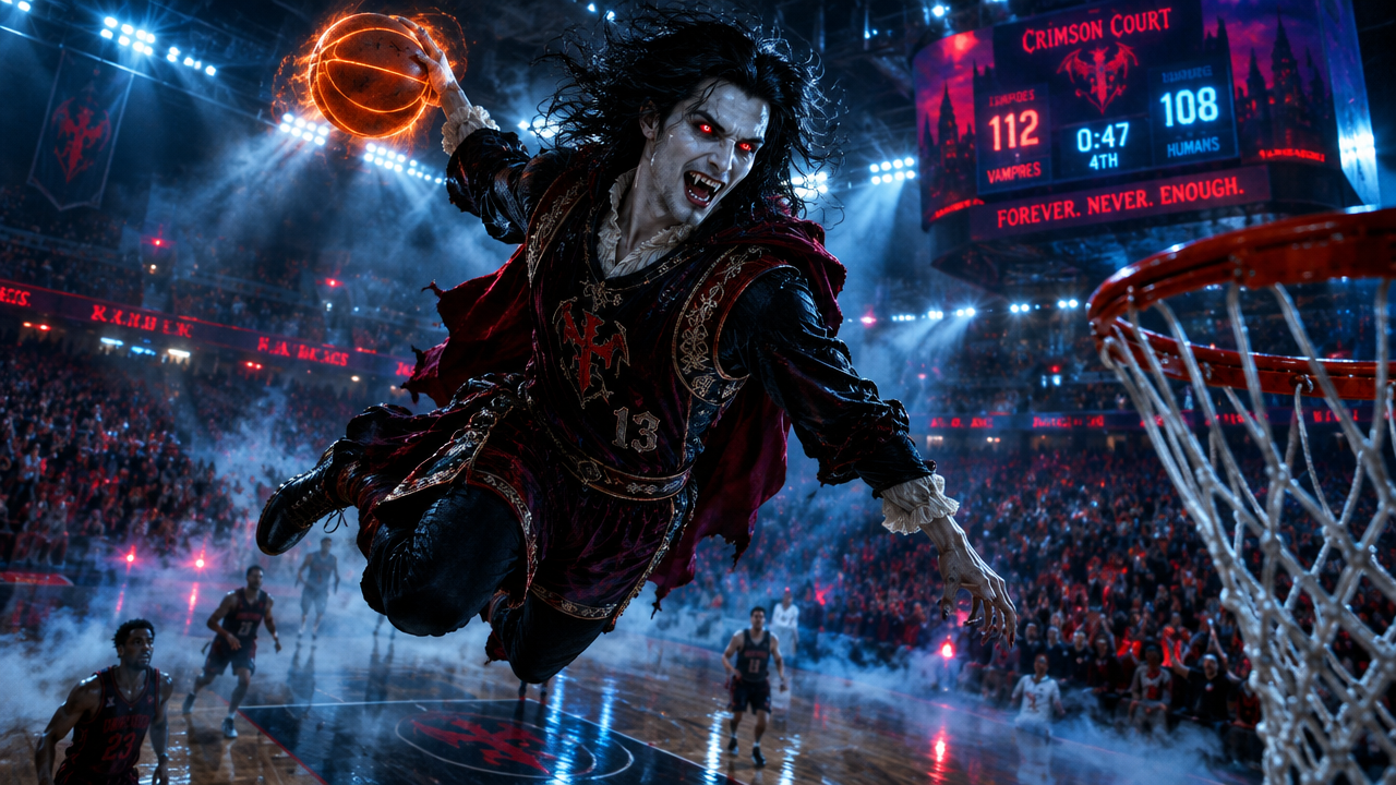 Vampire basketball player mid-air performing a dunk toward the hoop in a packed indoor stadium