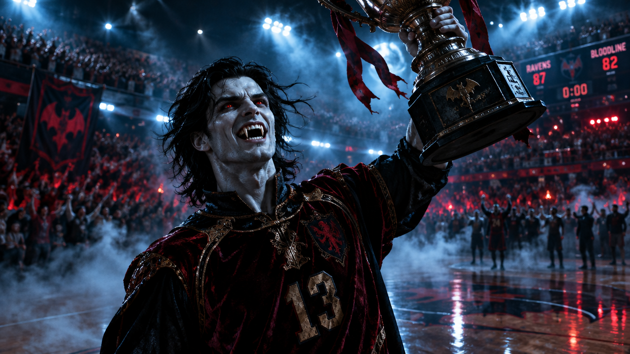 Fanged red-eyed vampire team captain hoists a championship trophy on a foggy basketball arena court