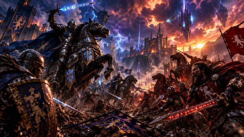 Armored knight on rearing steed wields a glowing enchanted sword during an epic fantasy battlefie...