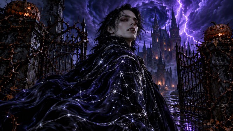 Gothic male vampire in a star-embroidered cloak stands at a haunted castle gate under stormy purp...
