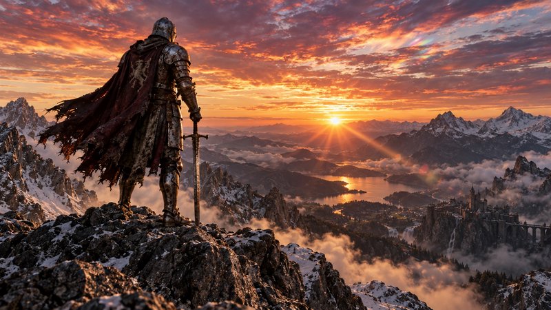 Armored knight holding a greatsword stands on a snowy mountain peak overlooking a fantasy valley ...