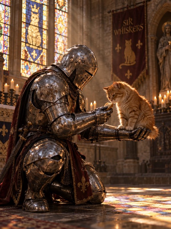 Kneeling medieval knight in full steel armor feeds an orange tabby cat perched on his outstretche...