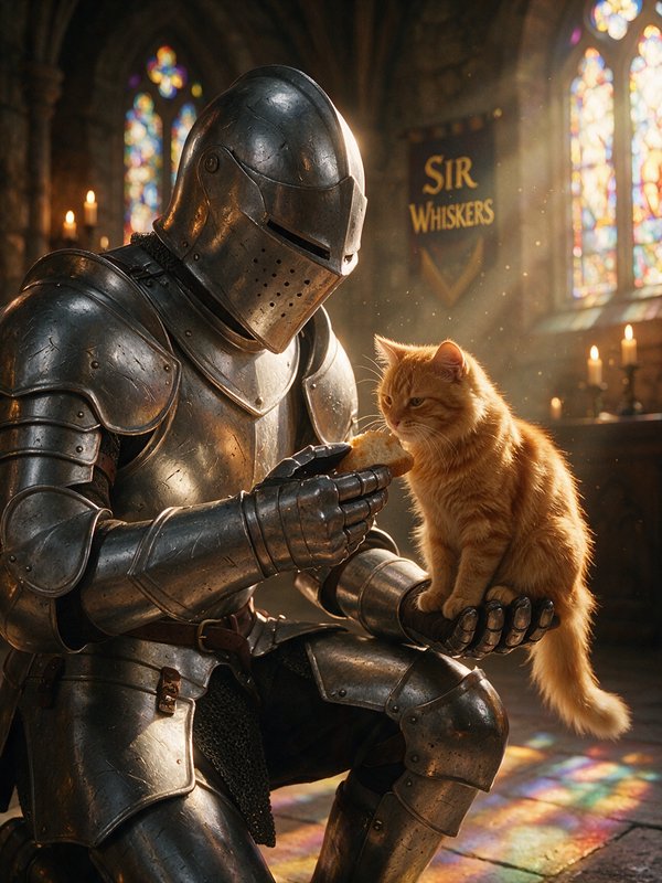Medieval knight in full plate armor offers a snack to a fluffy orange tabby cat perched on his ga...