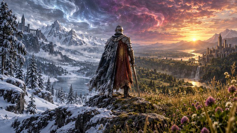 Armored knight holding a sword stands on a cliff overlooking a sprawling fantasy kingdom at vibra...
