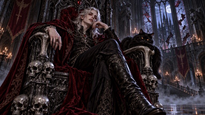 Pale long-haired vampire lord reclines on an ornate skull-adorned gothic throne beside a glowing-eyed black cat