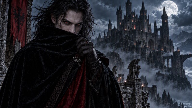Brooding vampire lord with glowing red eyes stands on a rampart overlooking his gothic mountain castle under a full moon