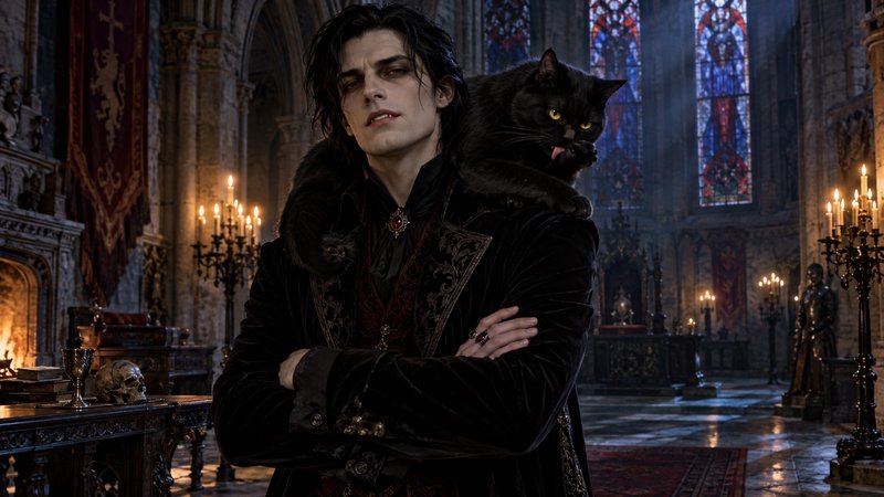 Brooding gothic vampire lord stands with a black cat perched on his shoulder in a grand medieval castle hall