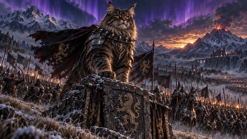 Armored Maine Coon warlord stands on a carved stone plinth leading a massive medieval fantasy army
