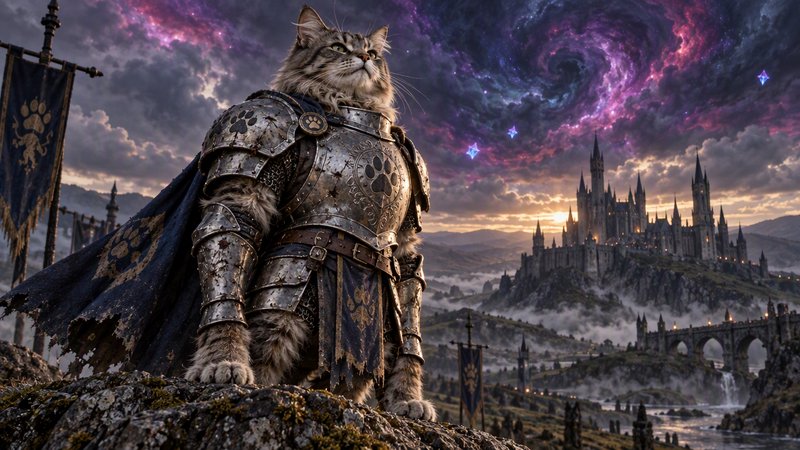 Fluffy tabby cat in medieval knight armor stands guard on a rock overlooking a fantasy castle und...