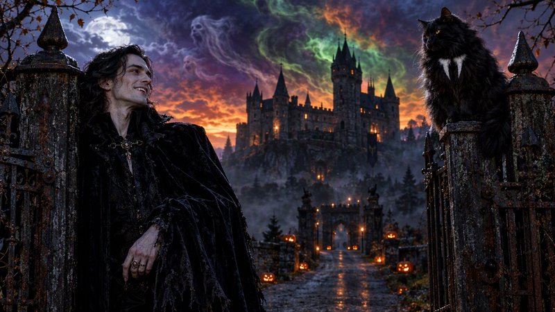 Smiling vampire lord and giant fanged black cat stand at gothic castle gates under a haunted twilight sky