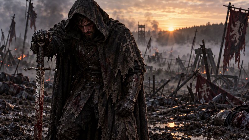 Weary hooded knight kneels leaning on a bloodied sword on a muddy post-battle battlefield at sunset