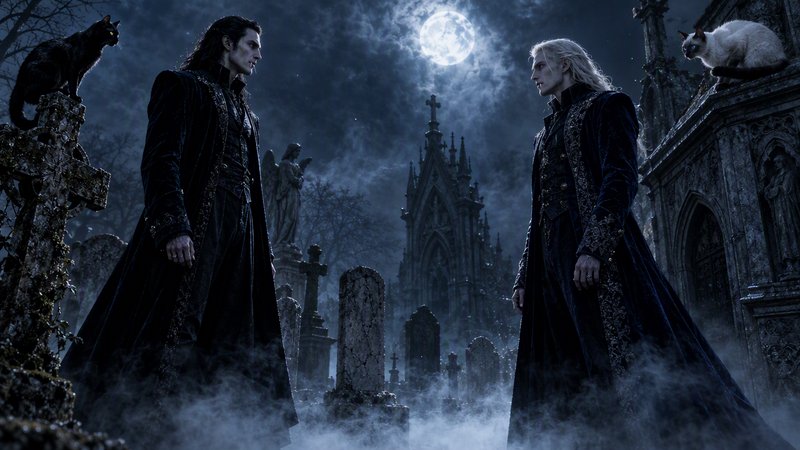 Two elegant vampire lords face each other across a misty full moon graveyard flanked by black and...