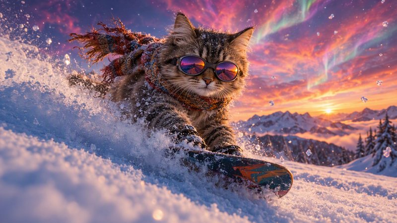 Fluffy tabby cat in ski goggles and a knit scarf snowboards down a snowy mountain slope at sunset