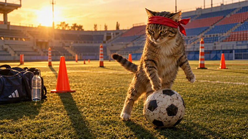 Tabby cat wearing a red headband stands with a soccer ball on a stadium sports field at golden sunset
