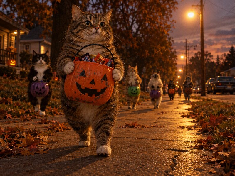 Tabby cat leads a parade of trick-or-treating cats holding Halloween candy buckets down an autumn neighborhood sidewalk at