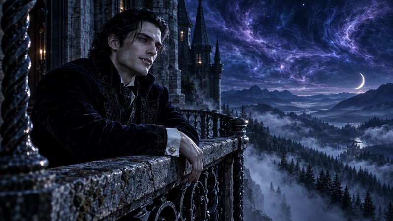 Brooding gothic vampire leans on a stone castle balcony overlooking misty highlands under a swirl...