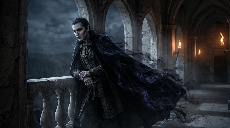 Brooding gothic vampire leans on a stone castle balcony overlooking misty moonlit mountains