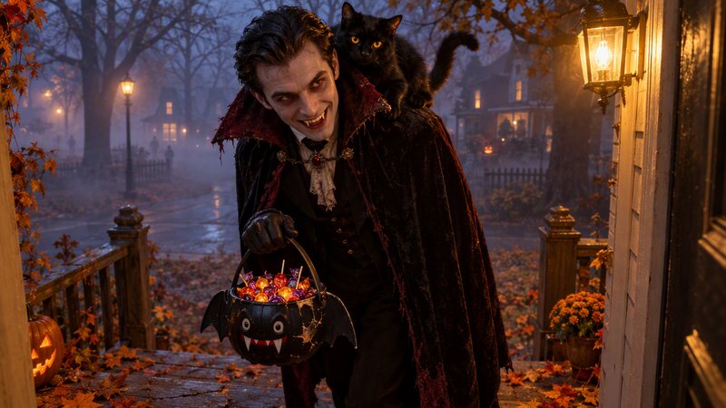 Grinning trick-or-treater in a vampire costume holds a candy bucket with a black cat perched on h...