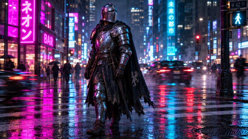 Medieval knight in full plate armor stands on a rain-slicked neon-lit city crosswalk at night