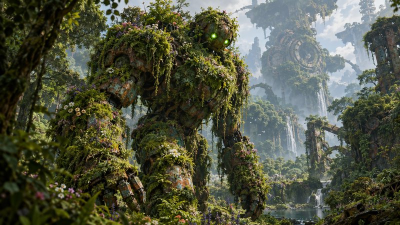 Overgrown rusted giant robot with glowing green eyes stands in a lush overgrown fantasy jungle