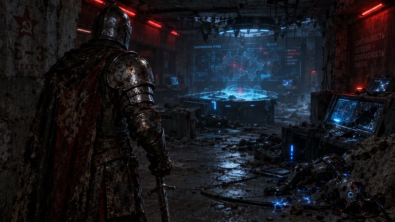 Weathered plate armor knight holding a sword stands in a crumbling post-apocalyptic Soviet command bunker