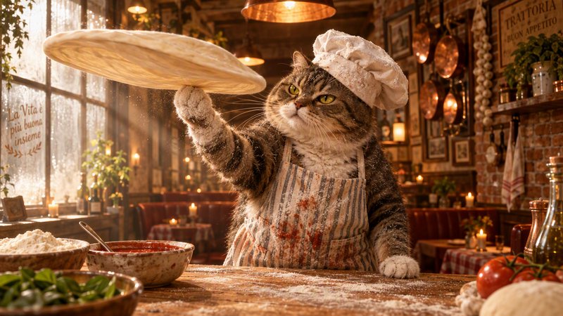 Fluffy tabby cat chef wearing a flour-dusted hat tosses pizza dough in a cozy Italian trattoria
