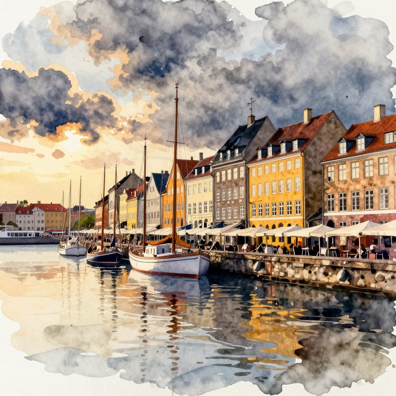 Watercolor painting of Copenhagen Nyhavn canal with colorful waterfront townhouses and docked sai...
