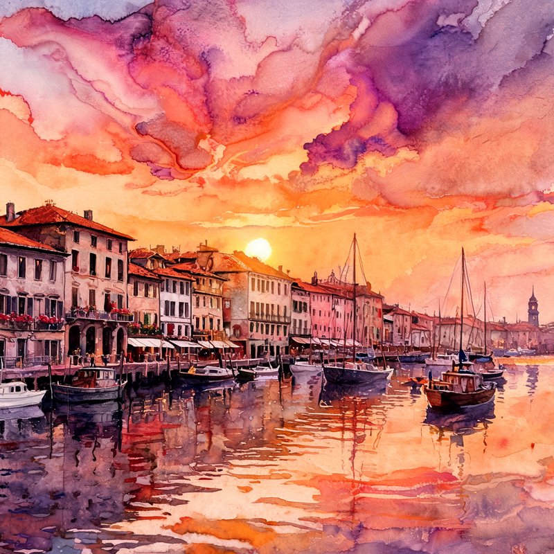 Watercolor painting of a Mediterranean harbor town with docked boats under vivid pink and orange ...