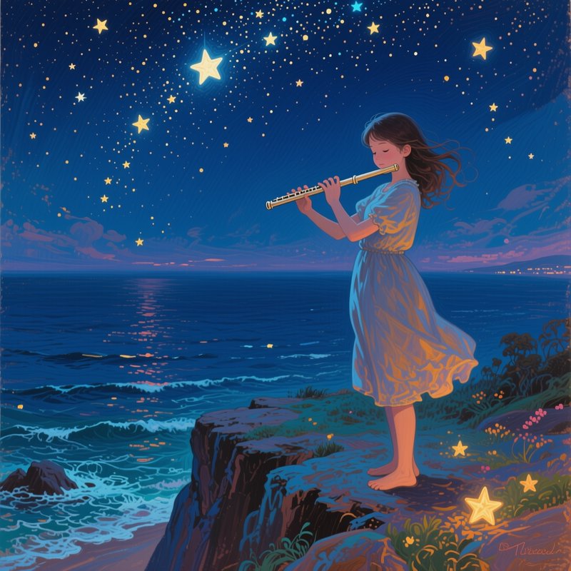 Barefoot girl playing flute on a coastal cliff beneath a glowing starry night sky