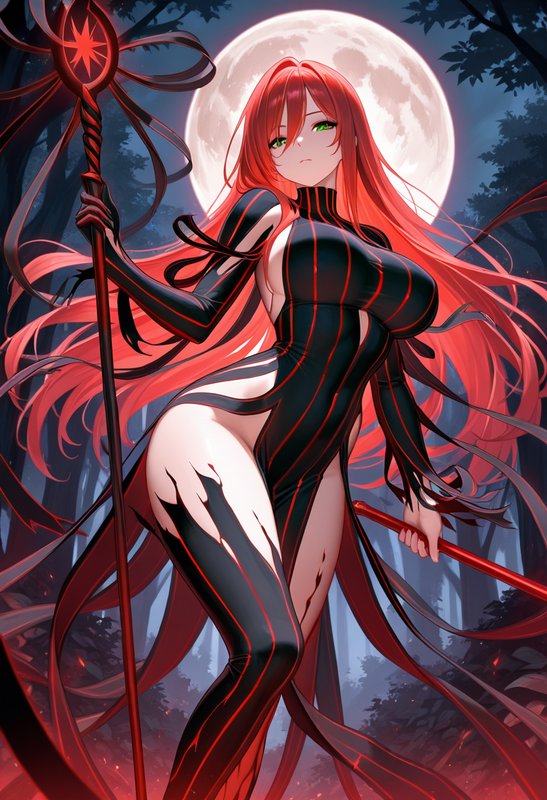 Long red-haired anime sorceress with green eyes holds a magical staff beneath a glowing full moon in a dark forest