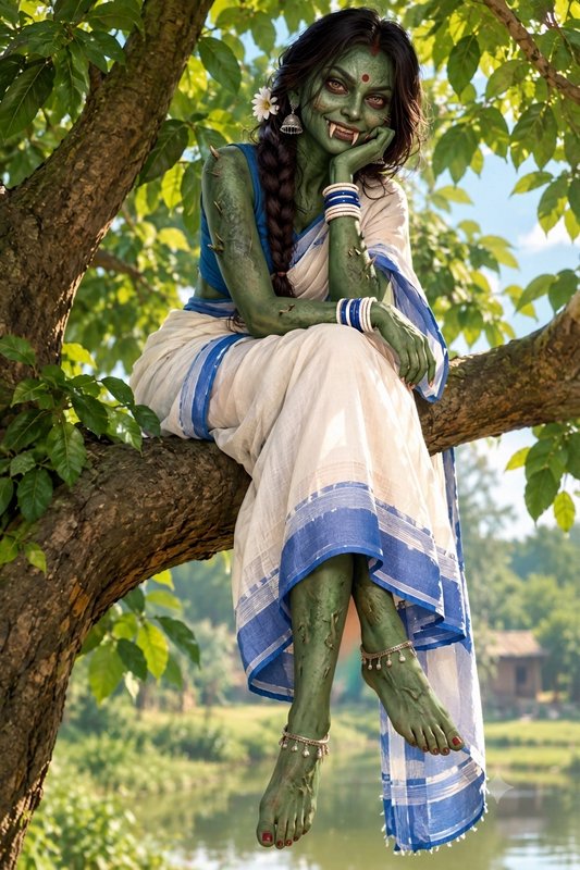 Green-skinned fanged mythic woman in a saree sits smiling on a tree branch over a rural river