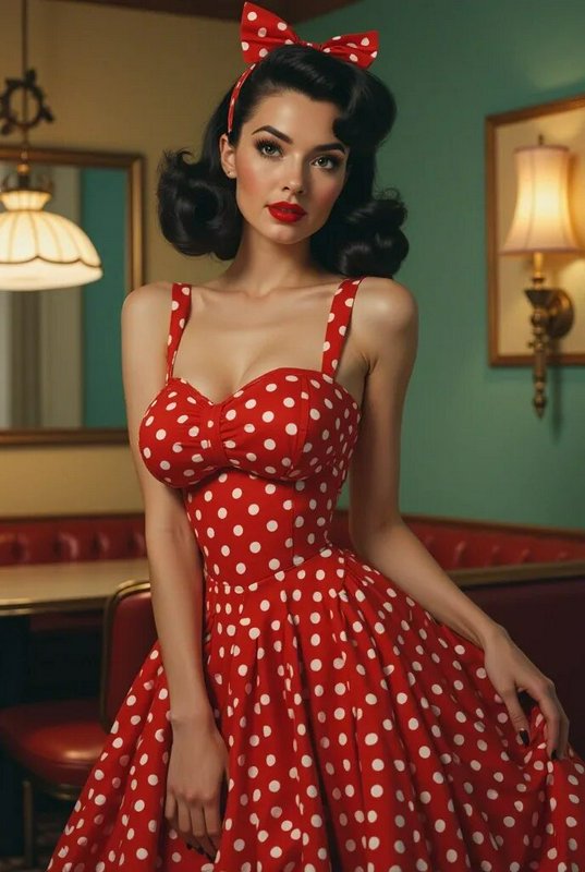 Retro pinup woman in red polka dot dress and matching hair bow poses in a vintage 1950s diner