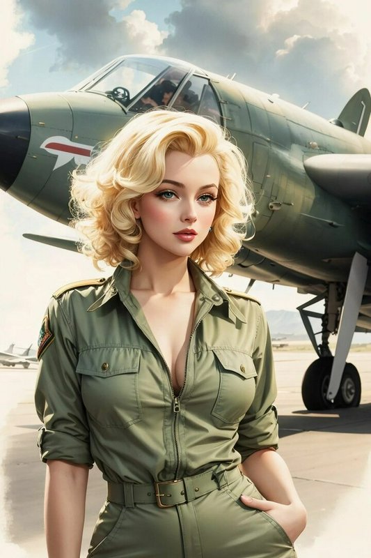 Glamorous blonde pilot in an olive flight suit standing before a vintage WWII fighter plane on an...