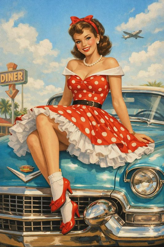 Retro pinup woman in a red polka dot dress sitting on the hood of a vintage turquoise classic car