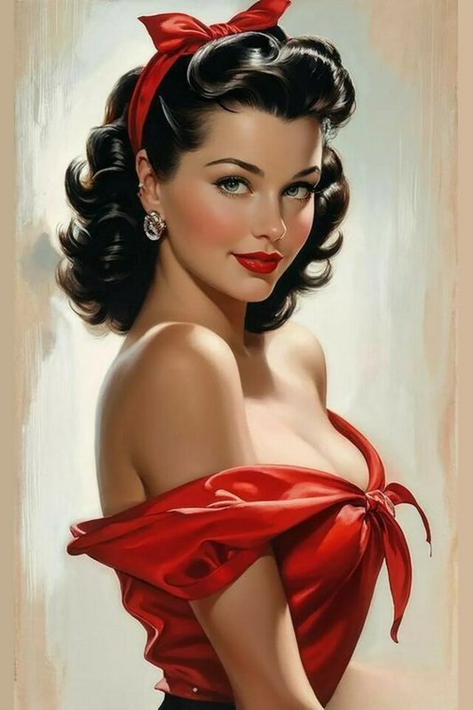 Vintage 1950s pin-up woman with curled dark hair, red headband and satin top gazing at the viewer