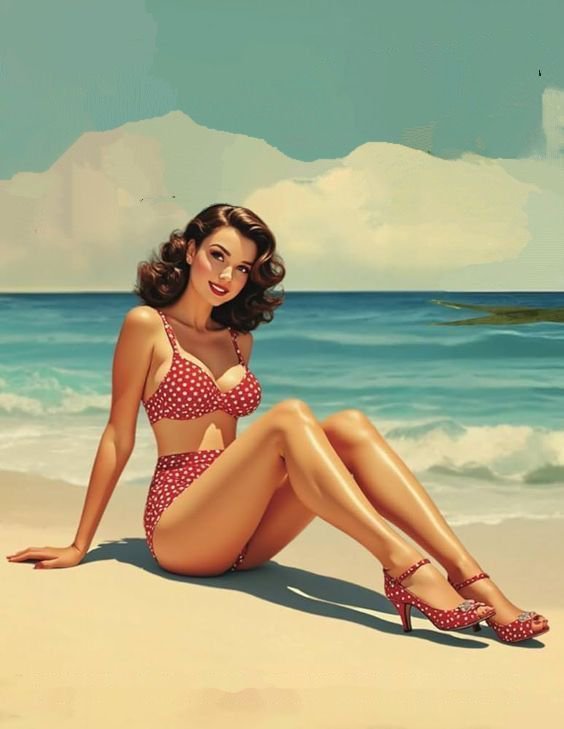 Retro pinup woman in matching red polka dot swimwear and heels sits on a sunny sandy beach