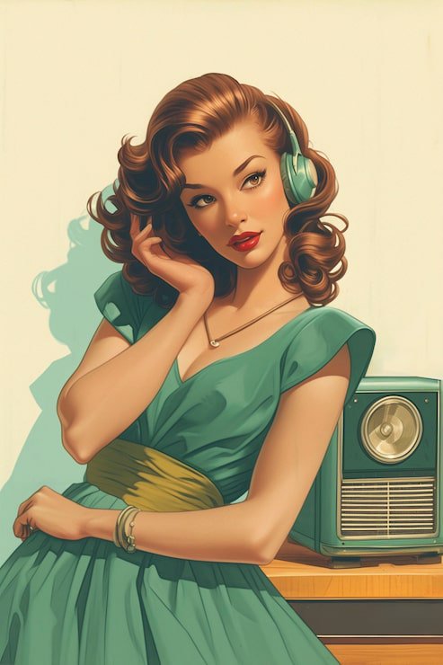Retro 1950s pinup woman wearing teal headphones beside a vintage tabletop radio