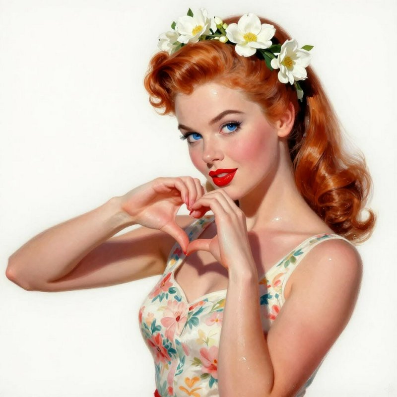 Retro pinup redhead woman with flower crown forming a heart shape with her hands
