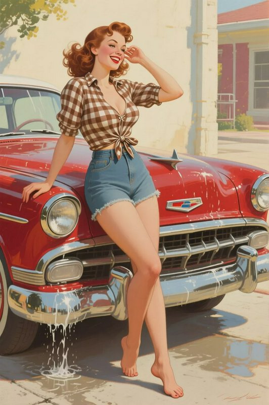 Smiling 1950s style pinup redhead leans against a glossy red classic vintage car on a sunlit side...